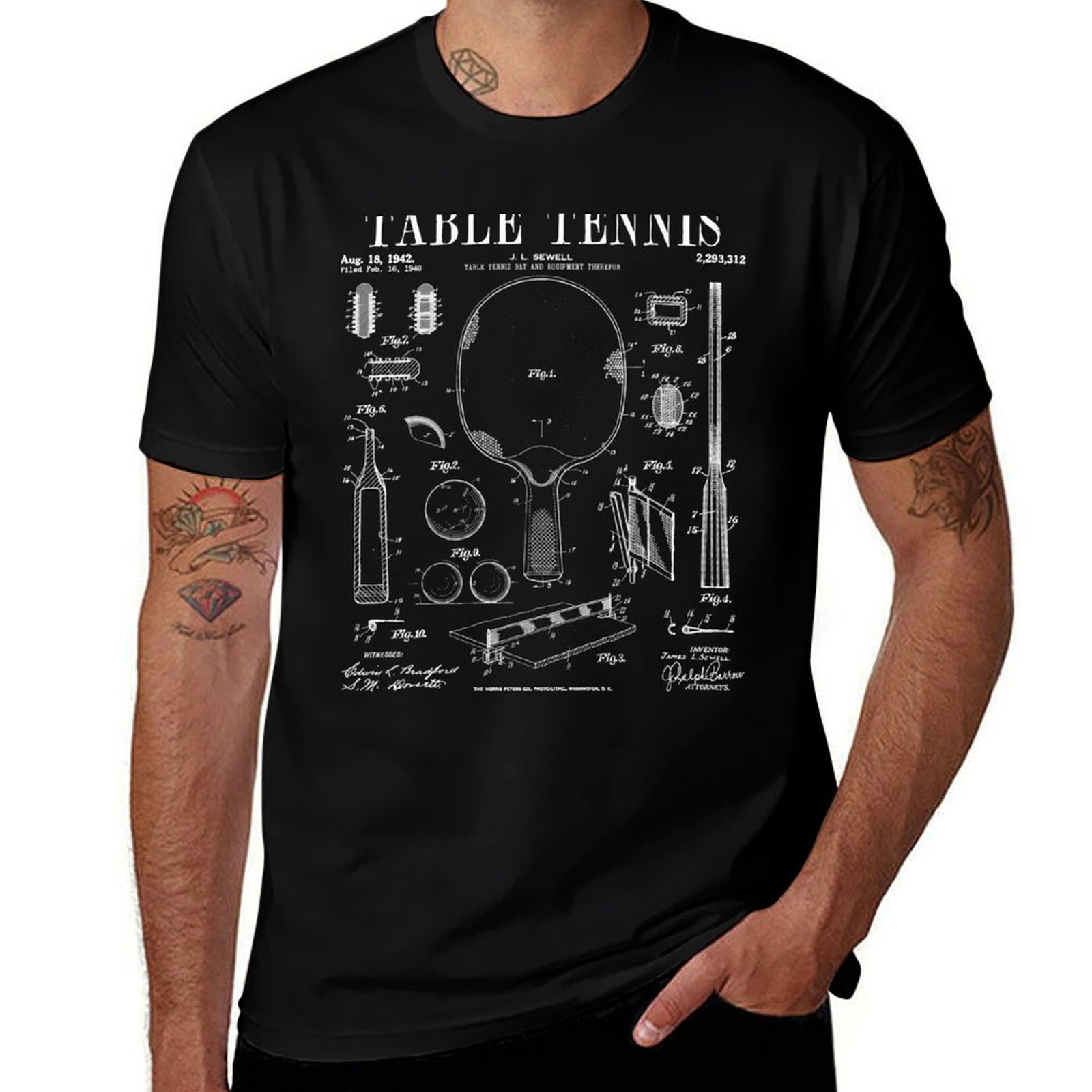 Table Tennis Drawing - Camiseta con estampado de dibujo patentado